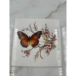 Vintage Hyalyn USA Butterfly Floral Ceramic Art Tile 6x6 Cork Back Hanger 505